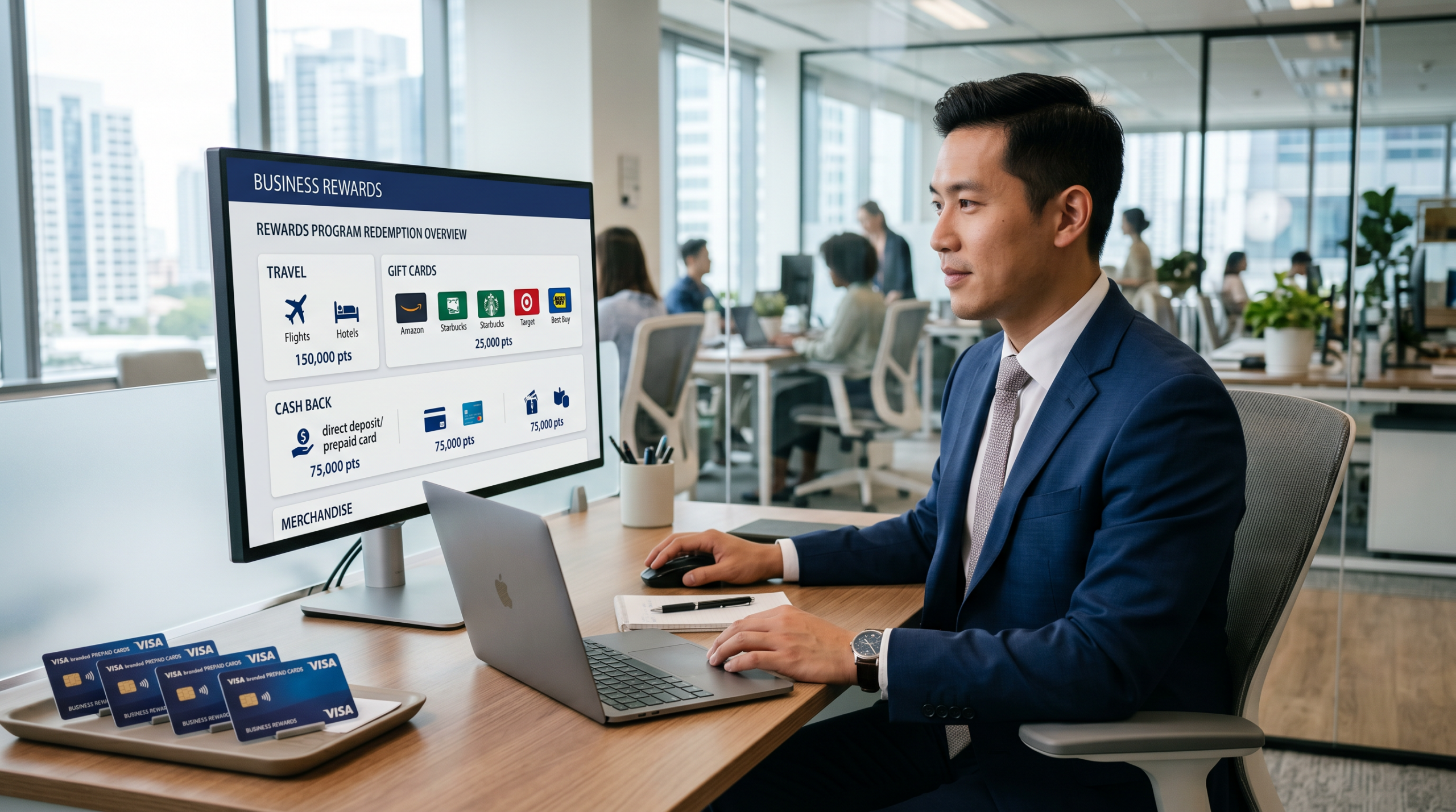 Visa credit card rewards catalog: business professional reviewing reward redemption options on digital dashboard