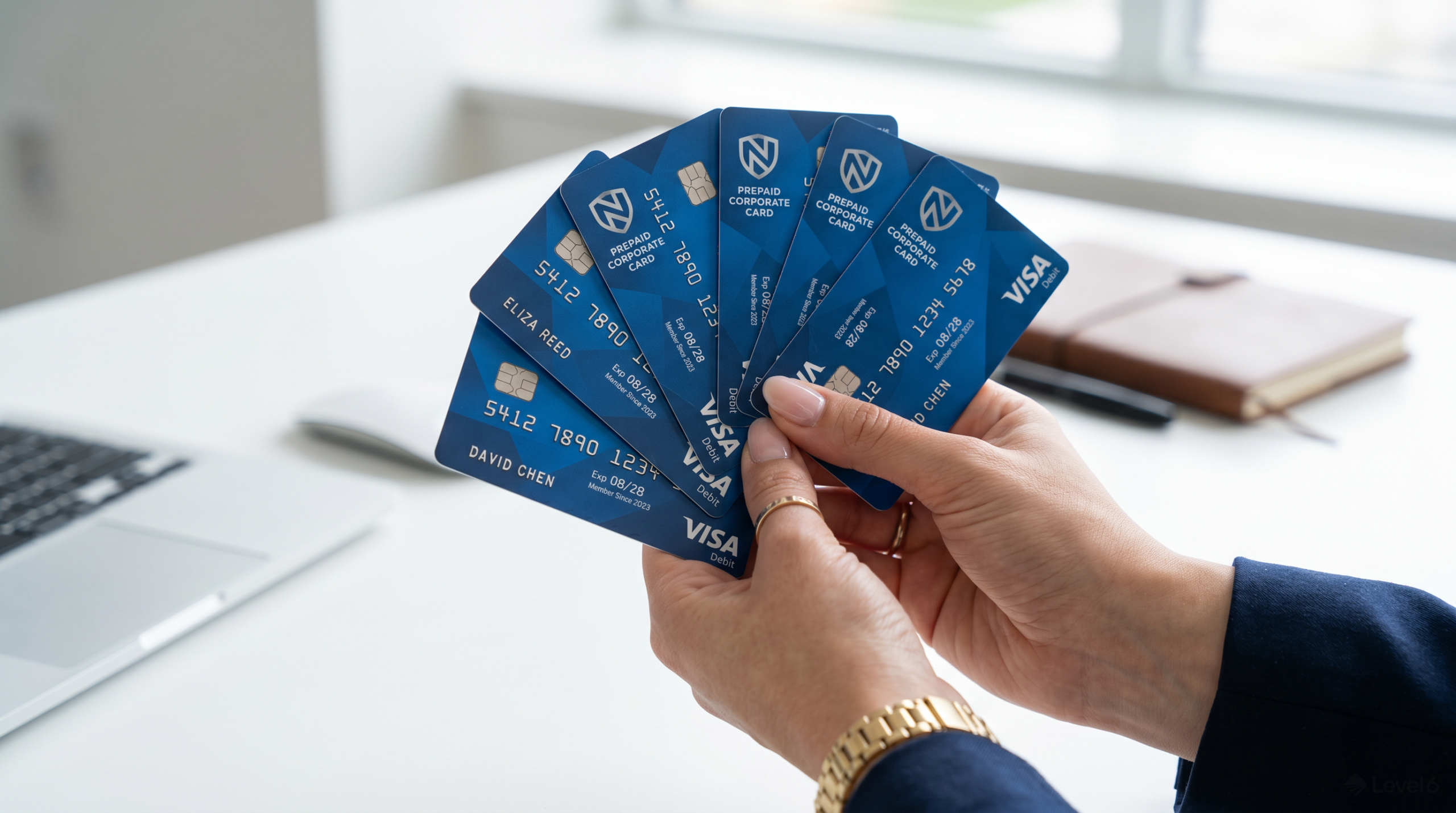 Visa prepaid rewards catalog: program administrator holding branded Visa prepaid incentive cards