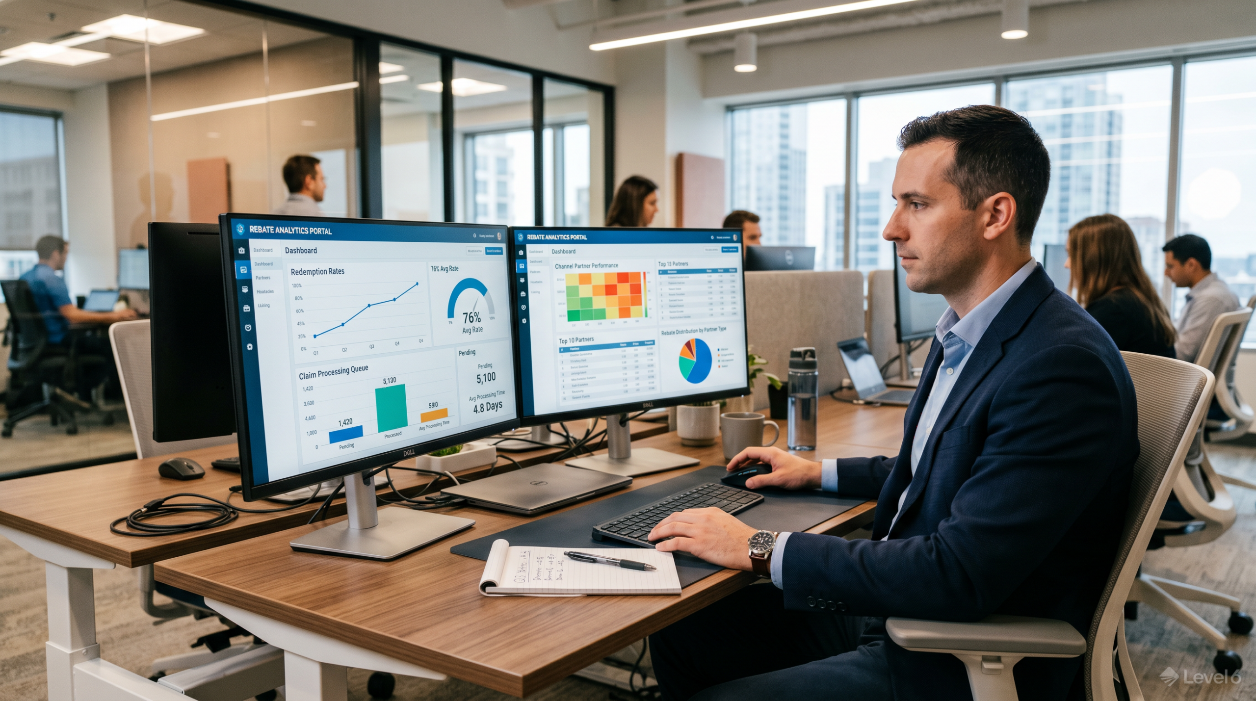 how the rebate process works: business professional managing rebate management system dashboard for channel partner programs
