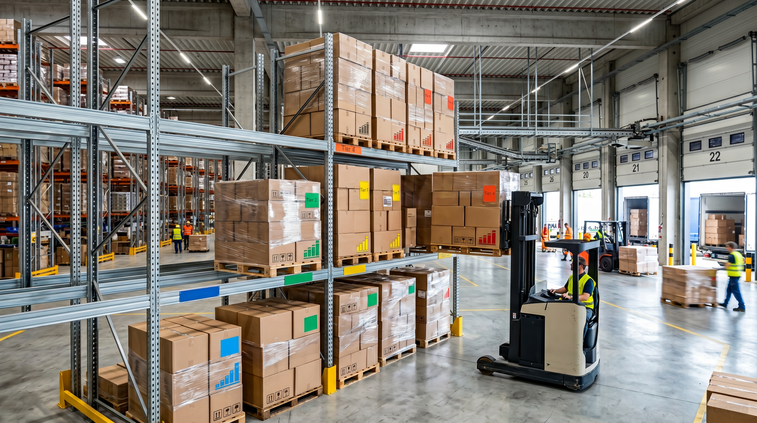 volume incentive rebate programs: industrial warehouse distribution center with tiered inventory representing volume rebate thresholds
