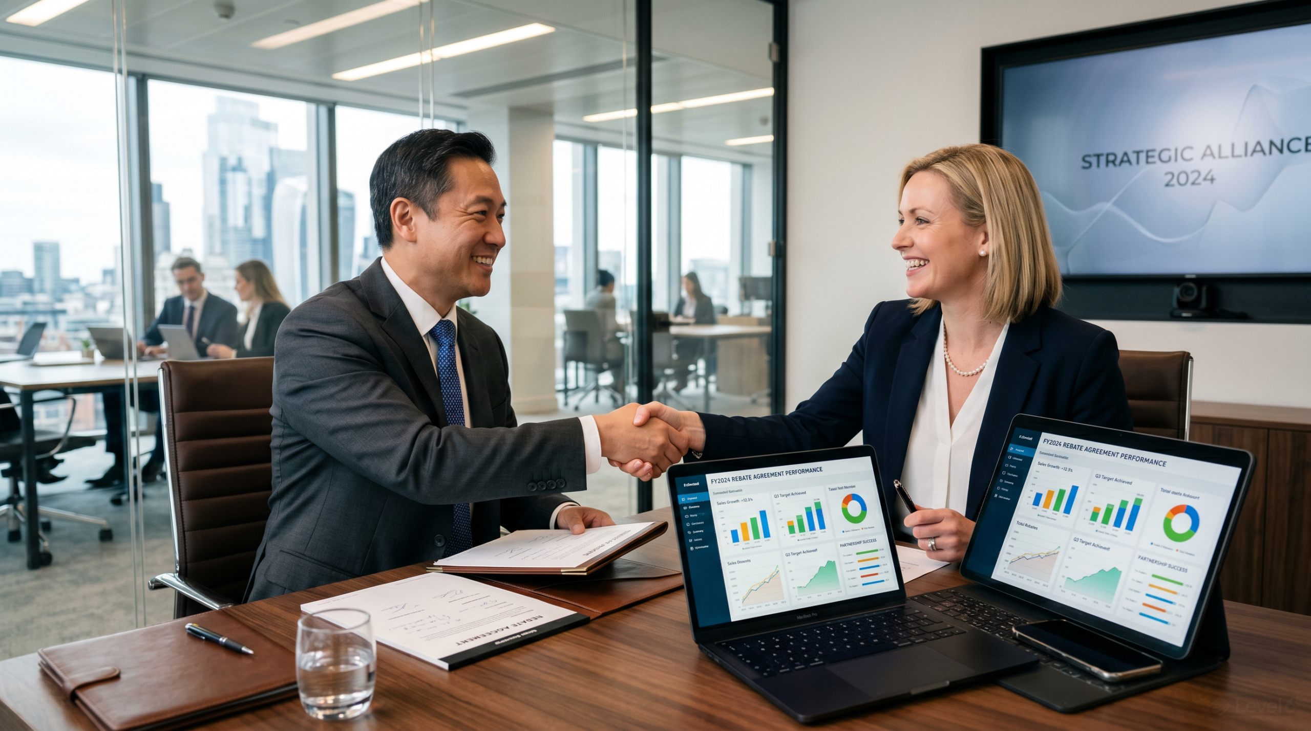 volume incentive rebate programs: manufacturer and distributor representatives shaking hands over rebate agreement with performance dashboard