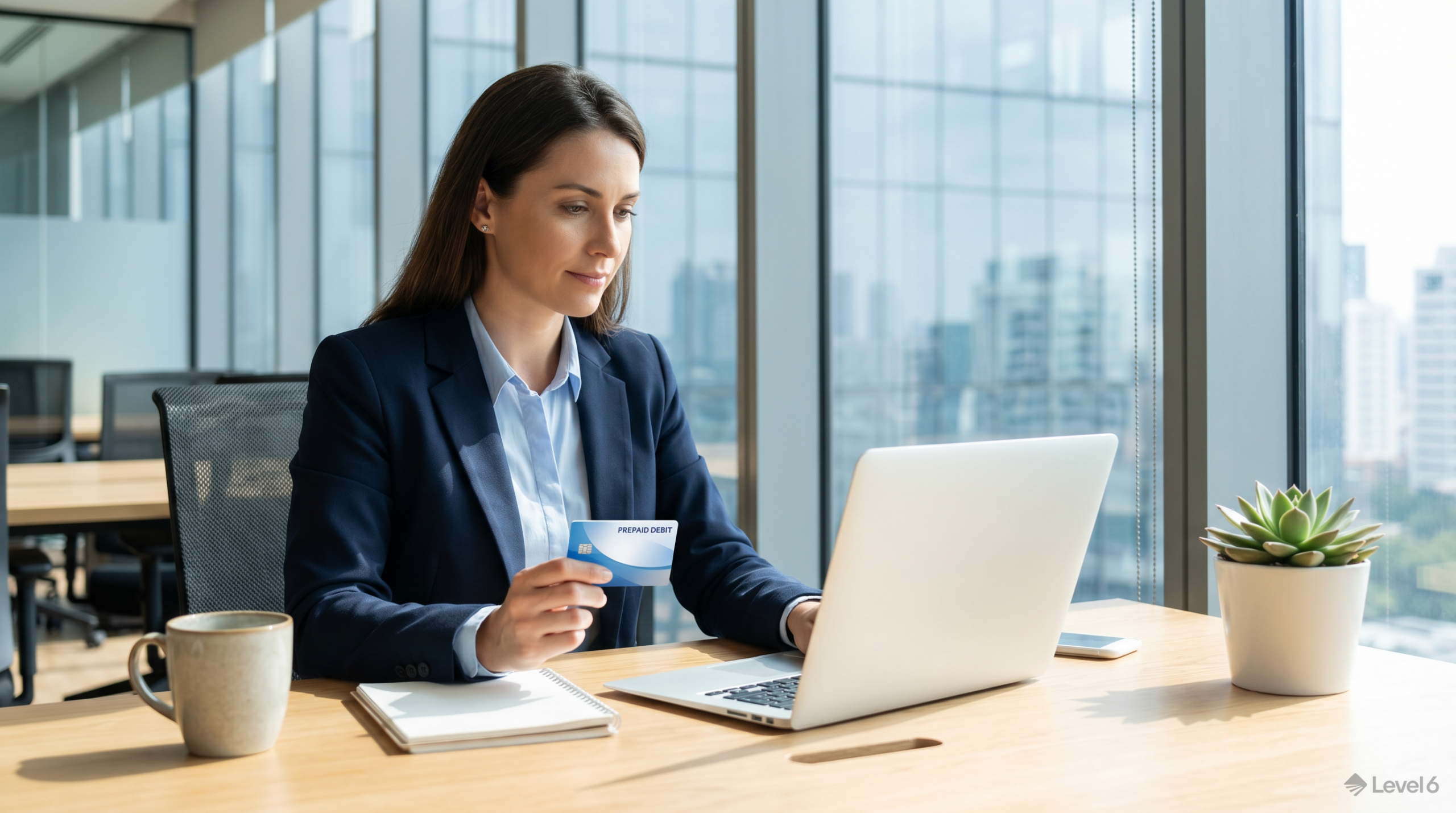 prepaid debit cards for business: finance professional reviewing corporate travel expense card at modern office desk