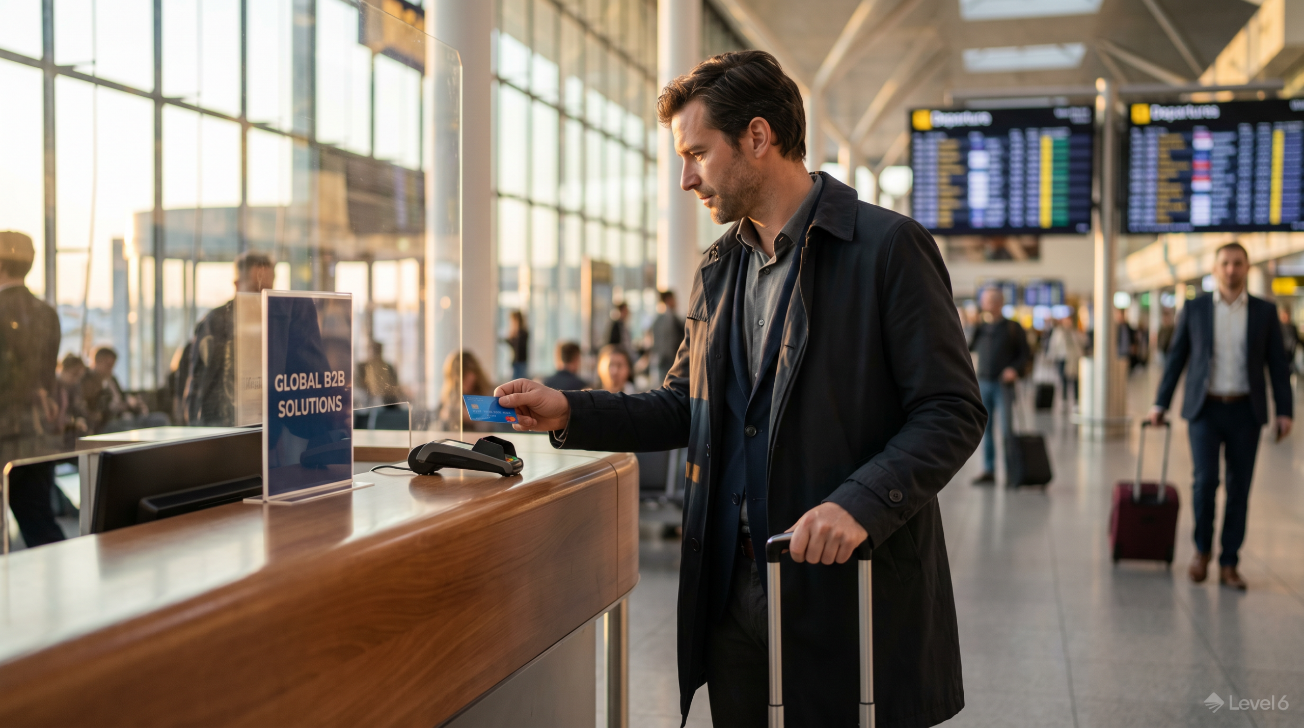 prepaid debit card for business: traveler using card at international airport payment terminal