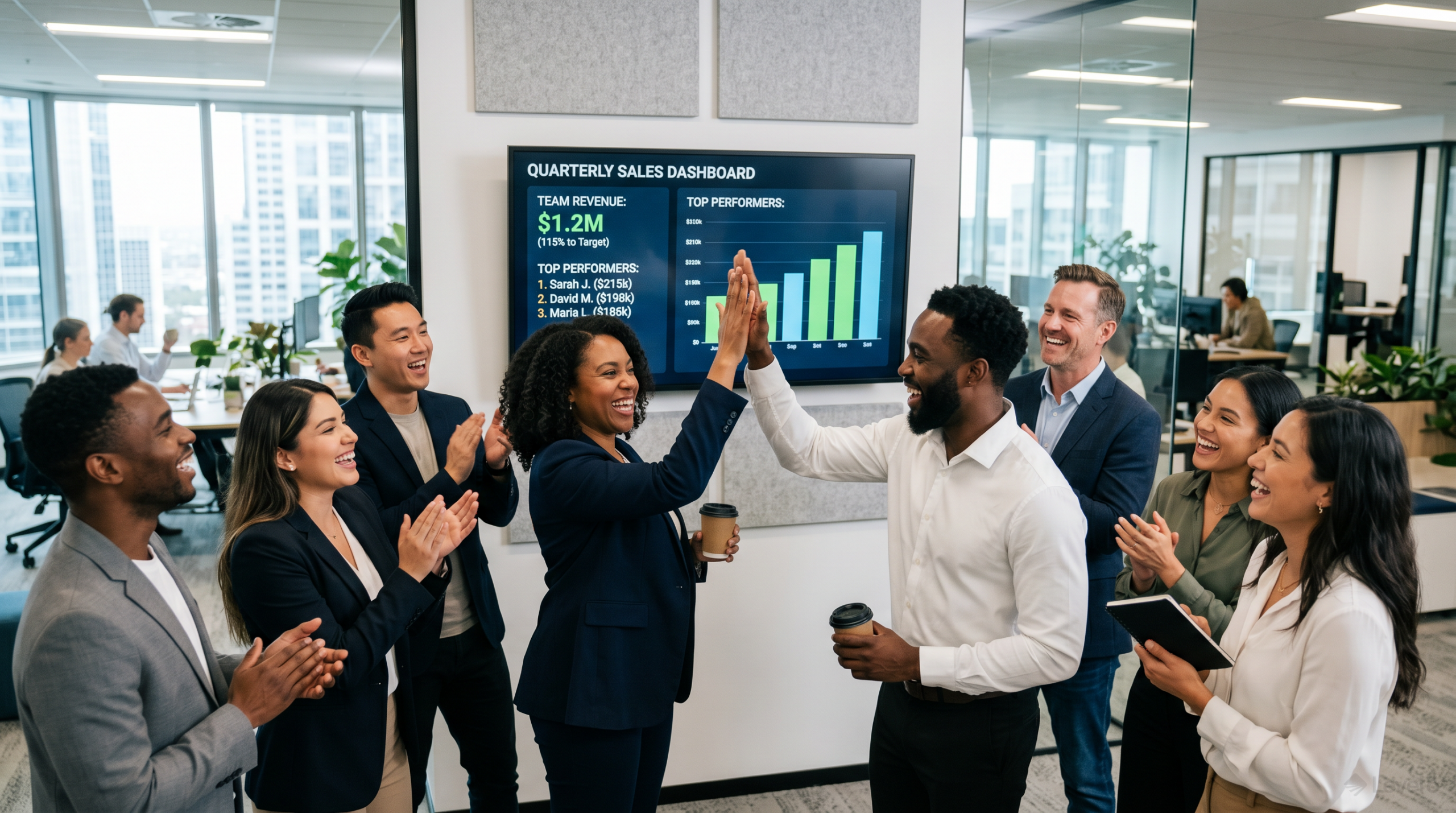 SPIFF incentives program: diverse sales team celebrating at office standup with digital leaderboard showing quarterly results
