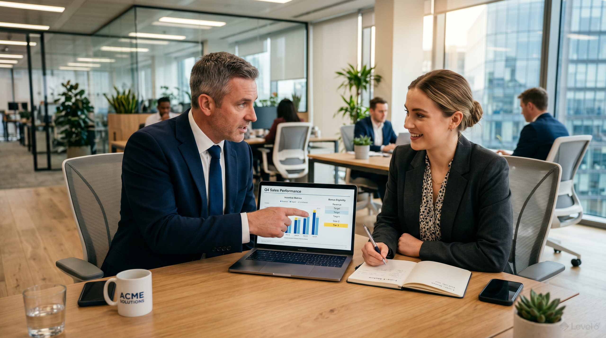 Sales manager coaching rep one-on-one reviewing SPIFF incentive program performance metrics on laptop at modern office