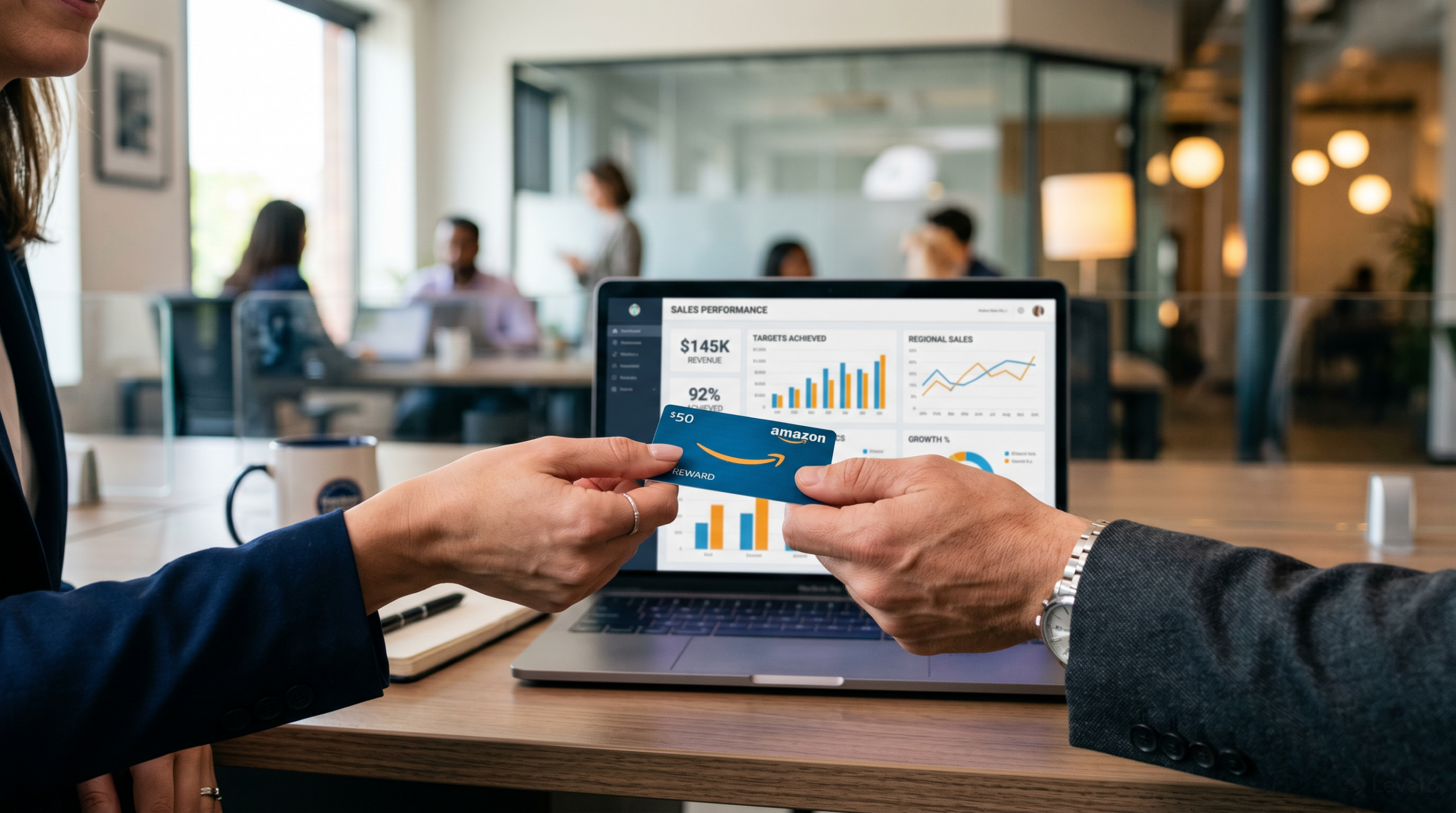 SPIFF incentive reward delivery: hands exchanging gift card with laptop showing sales performance metrics dashboard in background