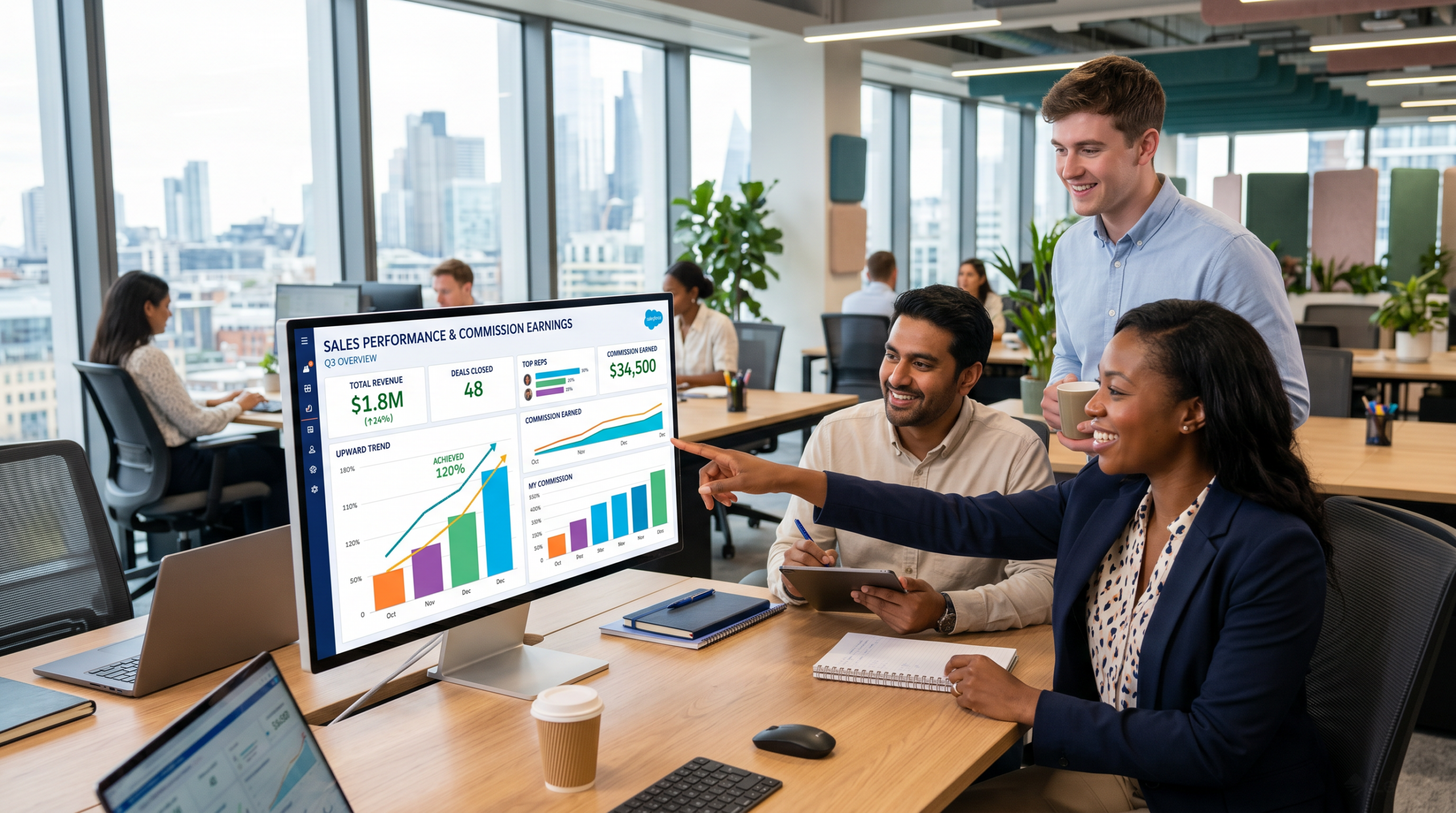 commission structures for sales teams: diverse sales team collaborating over performance data on monitor