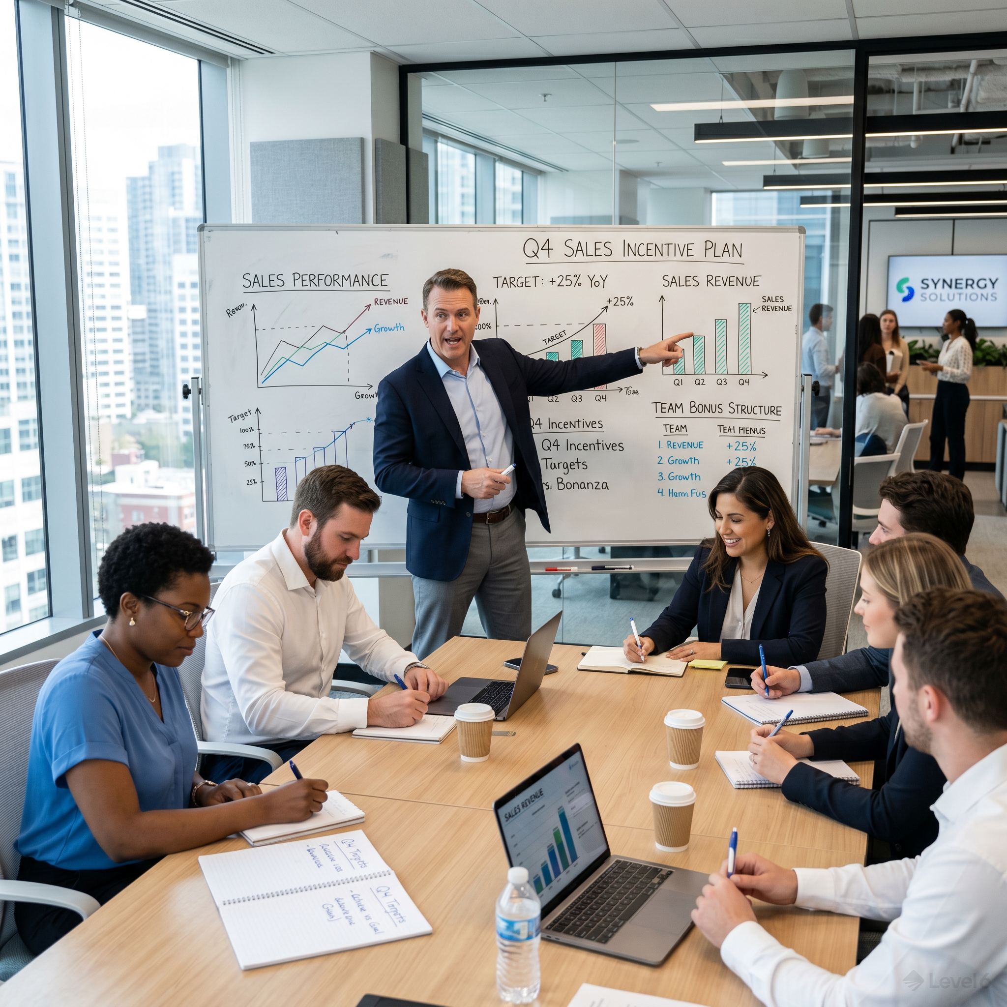 types of incentive programs: manager presenting a sales incentive plan to an engaged team in a modern office