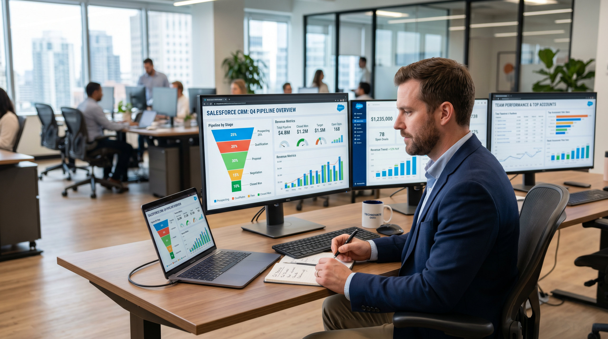sales tracking apps: sales manager reviewing pipeline dashboard on laptop with team in conference room