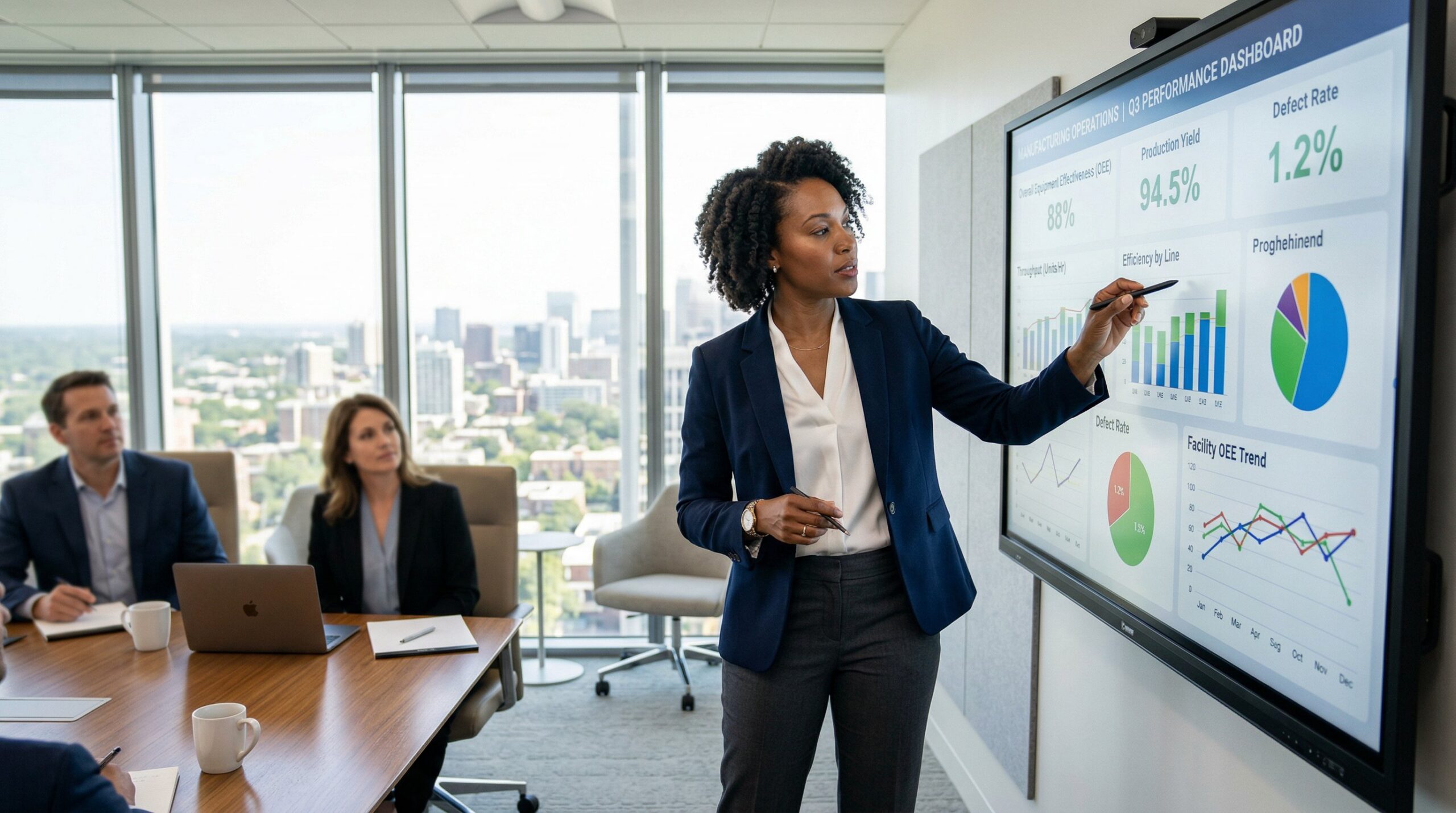 Executive reviewing channel incentive platform performance dashboard in conference room