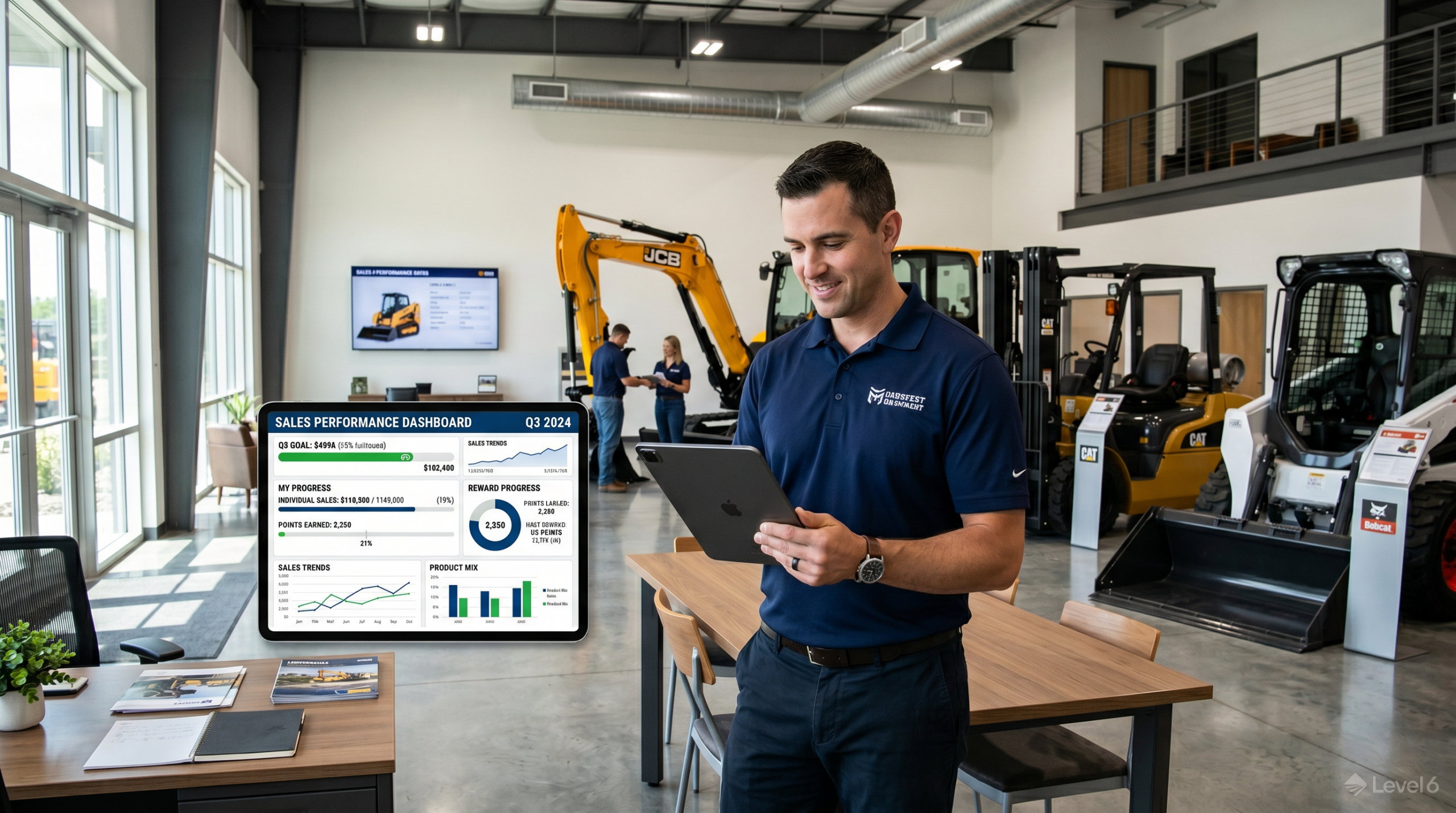 Dealer using tablet to track dealer incentive program performance dashboard