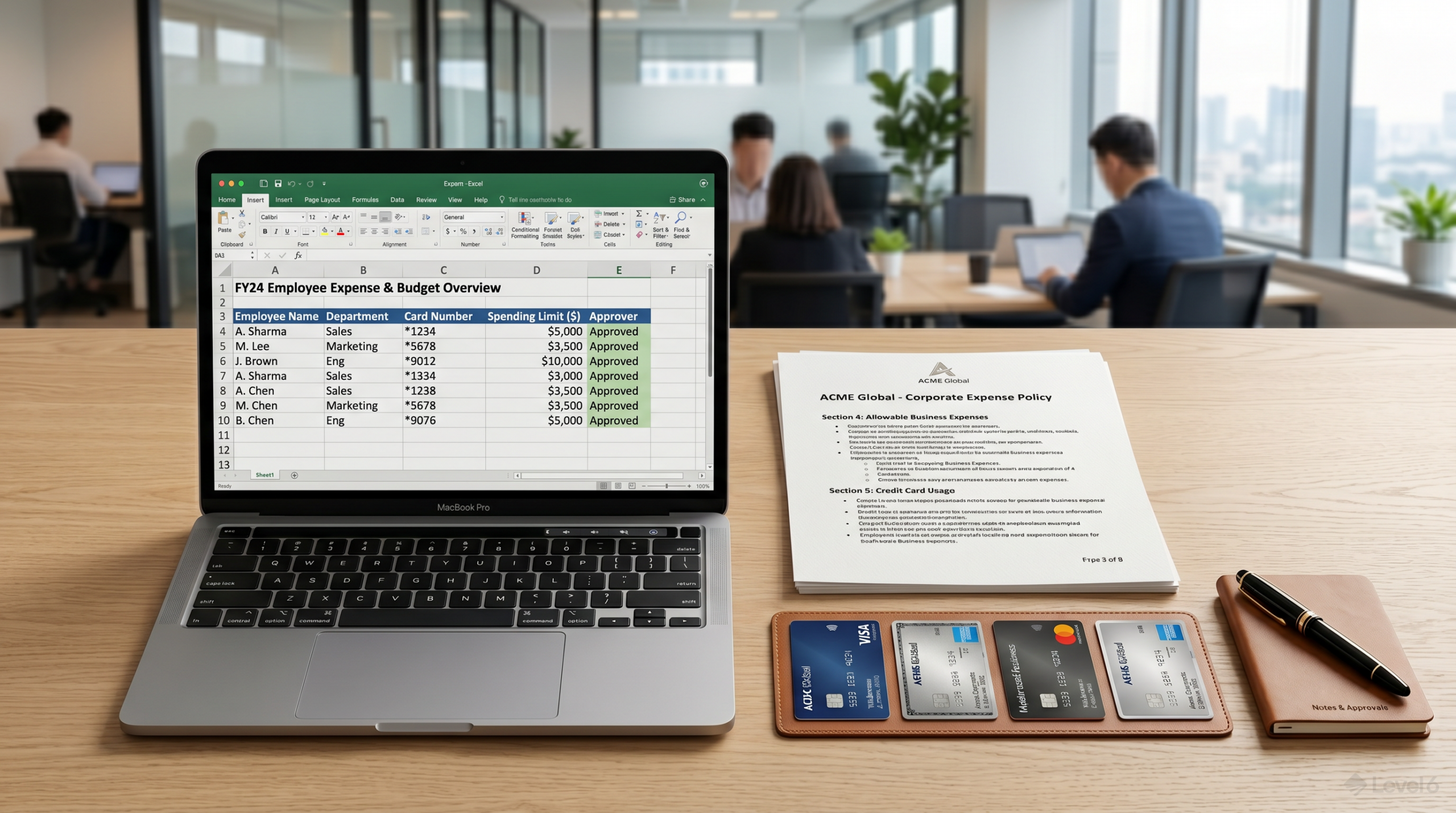 Corporate expense policy document and employee card spending limits spreadsheet on office desk