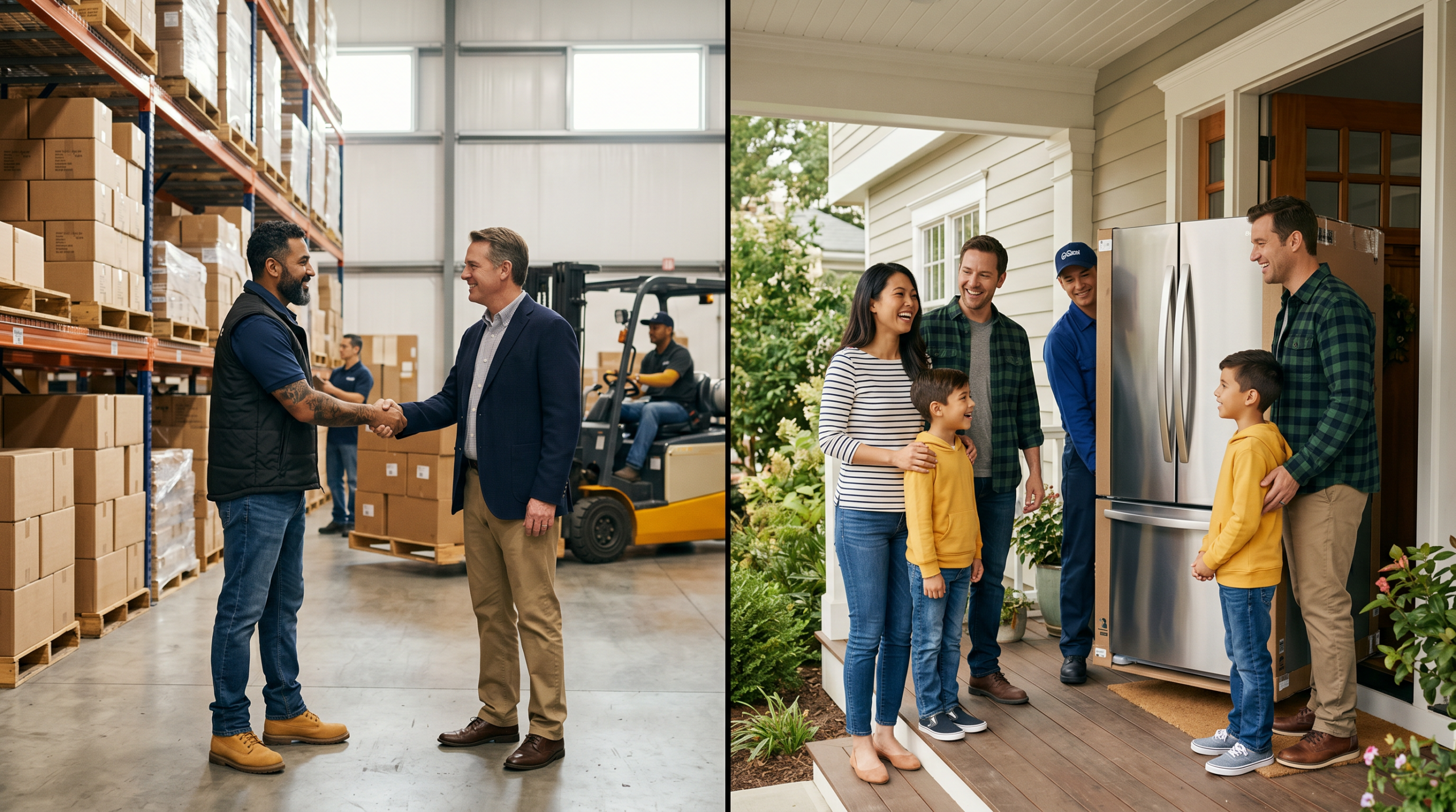 Rebate programs pros and cons: B2B channel partner handshake contrasted with consumer family receiving new appliance