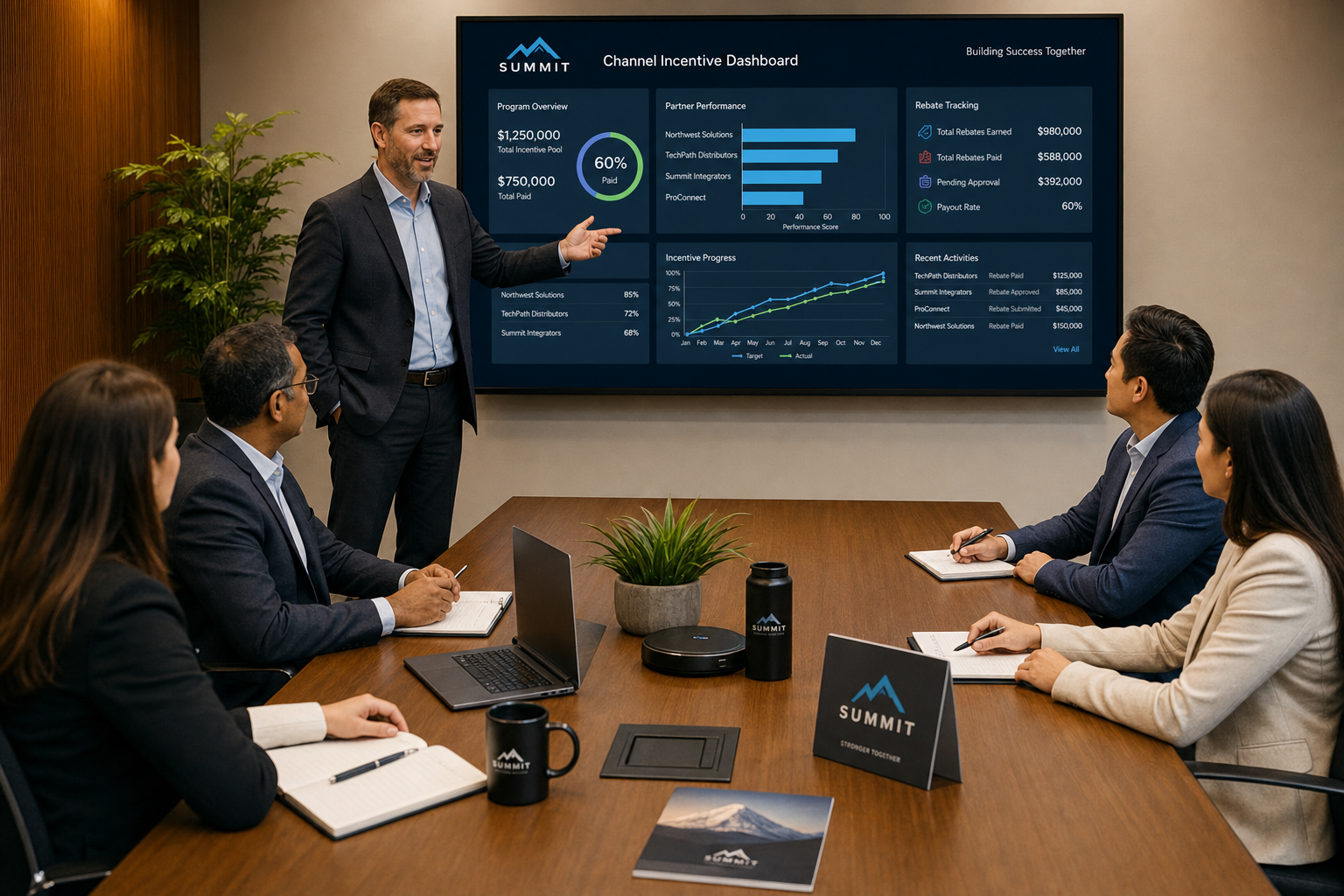 Manufacturer presenting channel incentive program dashboard to a group of distributors and channel partners in a boardroom, showing partner performance metrics and rebate tracking data