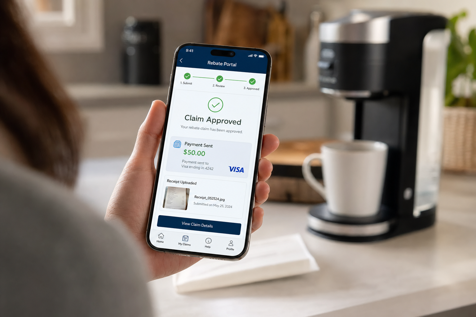 Consumer completing a digital rebate claim on smartphone showing approved claim and payment confirmation