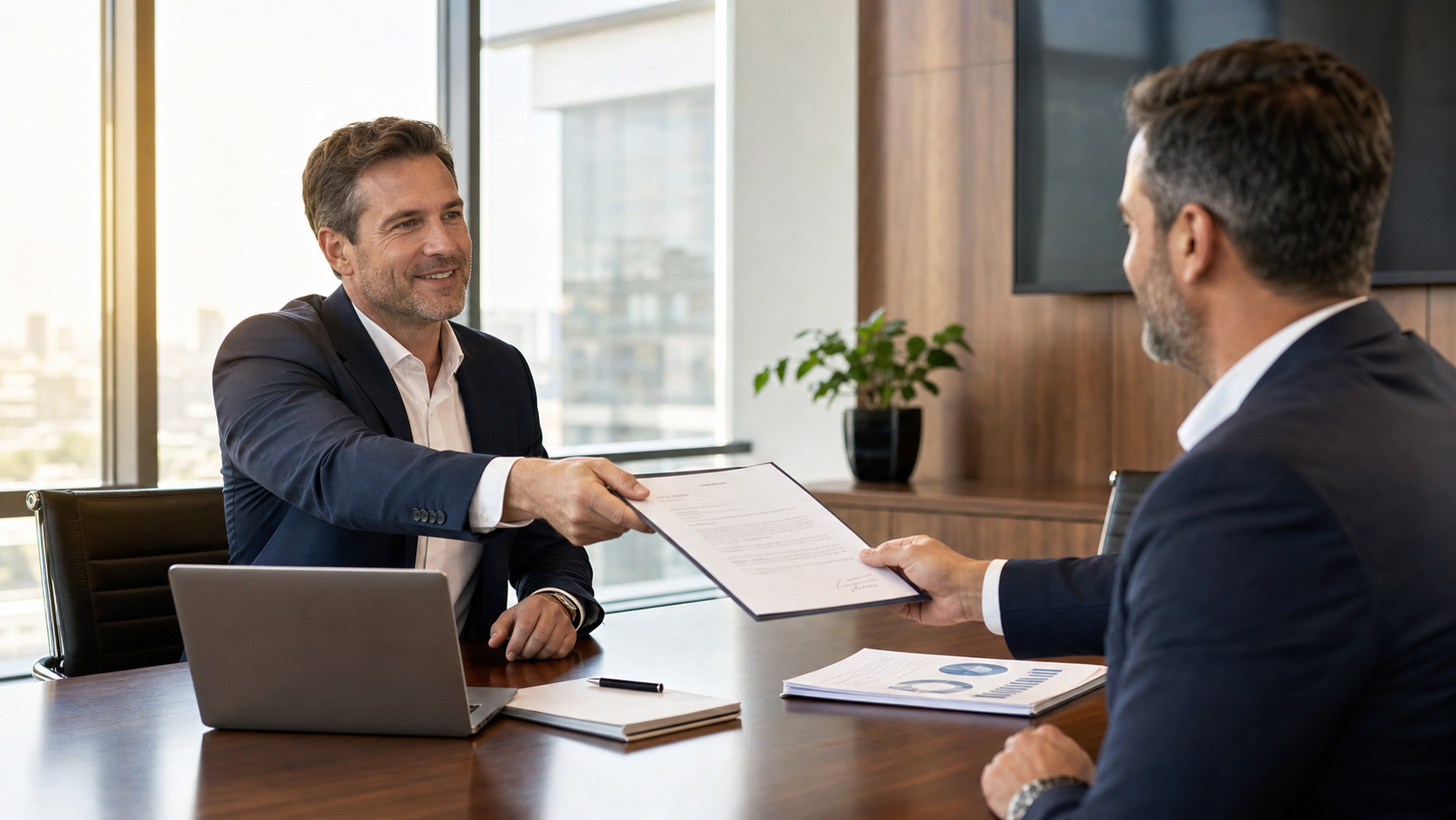 Business executives exchanging a signed SPIFF compliance consent document at a conference table