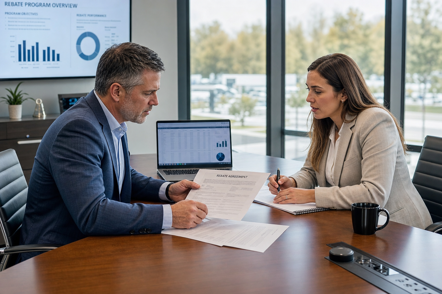 Manufacturer and distributor reviewing rebate agreement documents in a business meeting