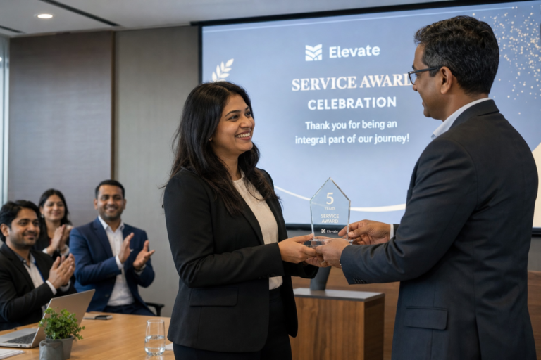 HR manager presenting a 5-year employee service award to a smiling employee during a corporate recognition ceremony