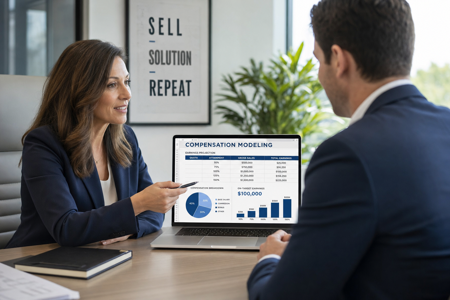Sales manager reviewing sales compensation plan change management modeling dashboard with a sales rep during a one-on-one meeting