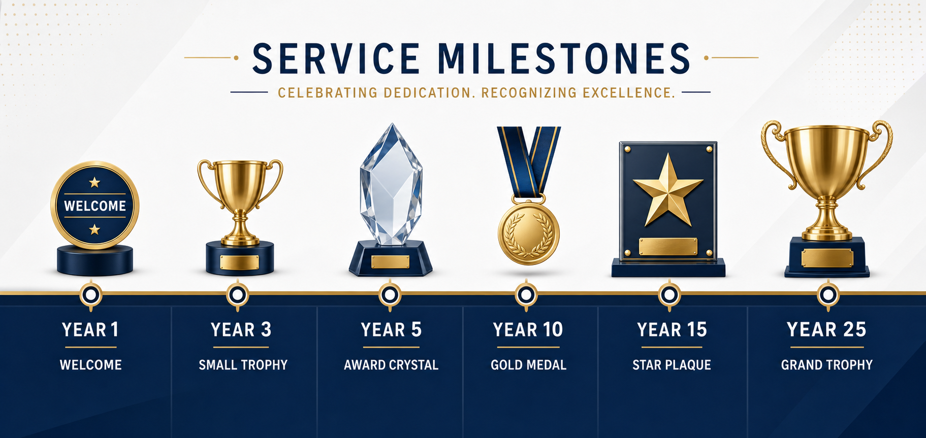 Service award milestone timeline showing Year 1 through Year 25 with progressively valuable tangible awards for an employee service award program