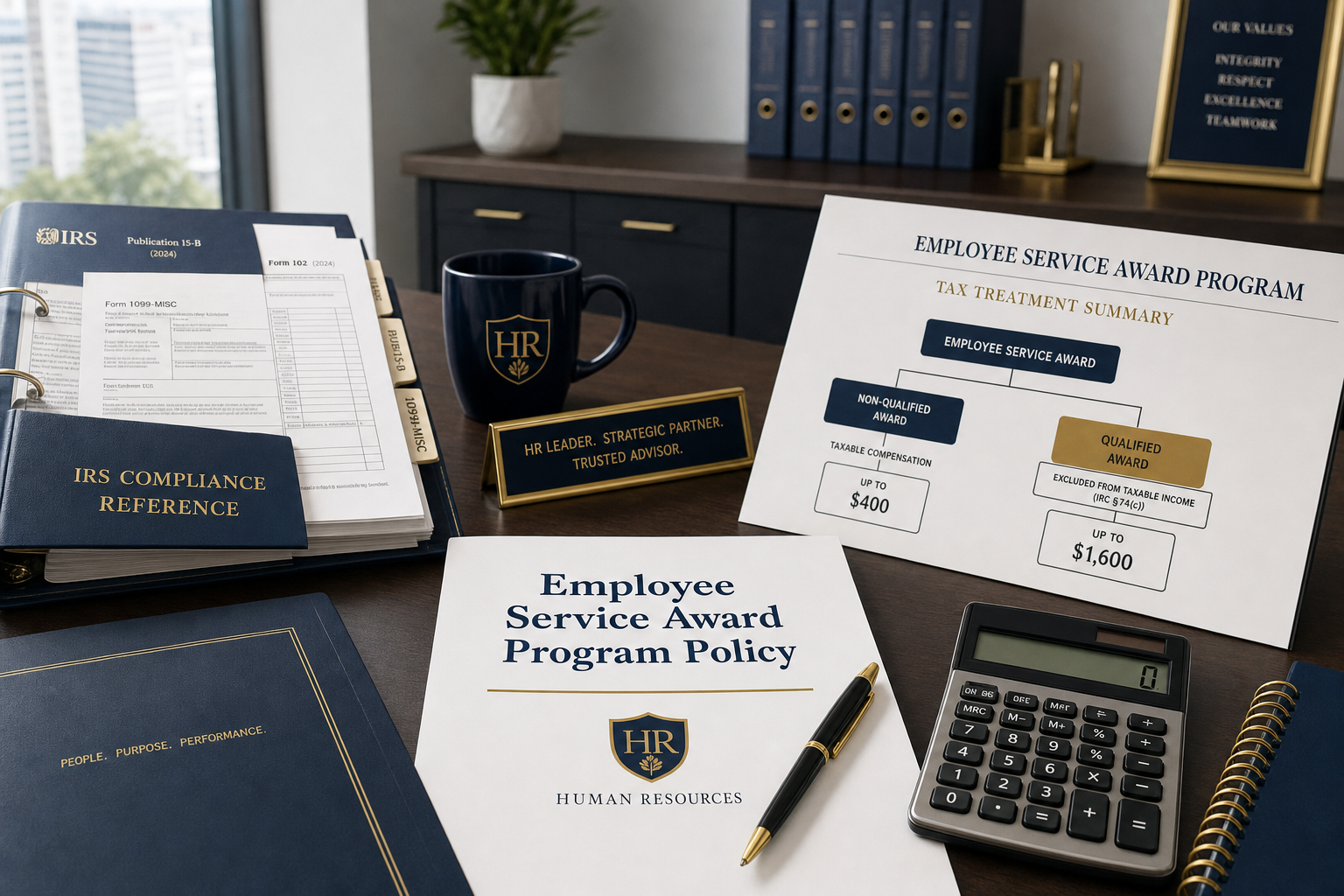 HR manager reviewing employee service award program policy documents and IRS compliance materials showing $400 and $1,600 tax exclusion thresholds