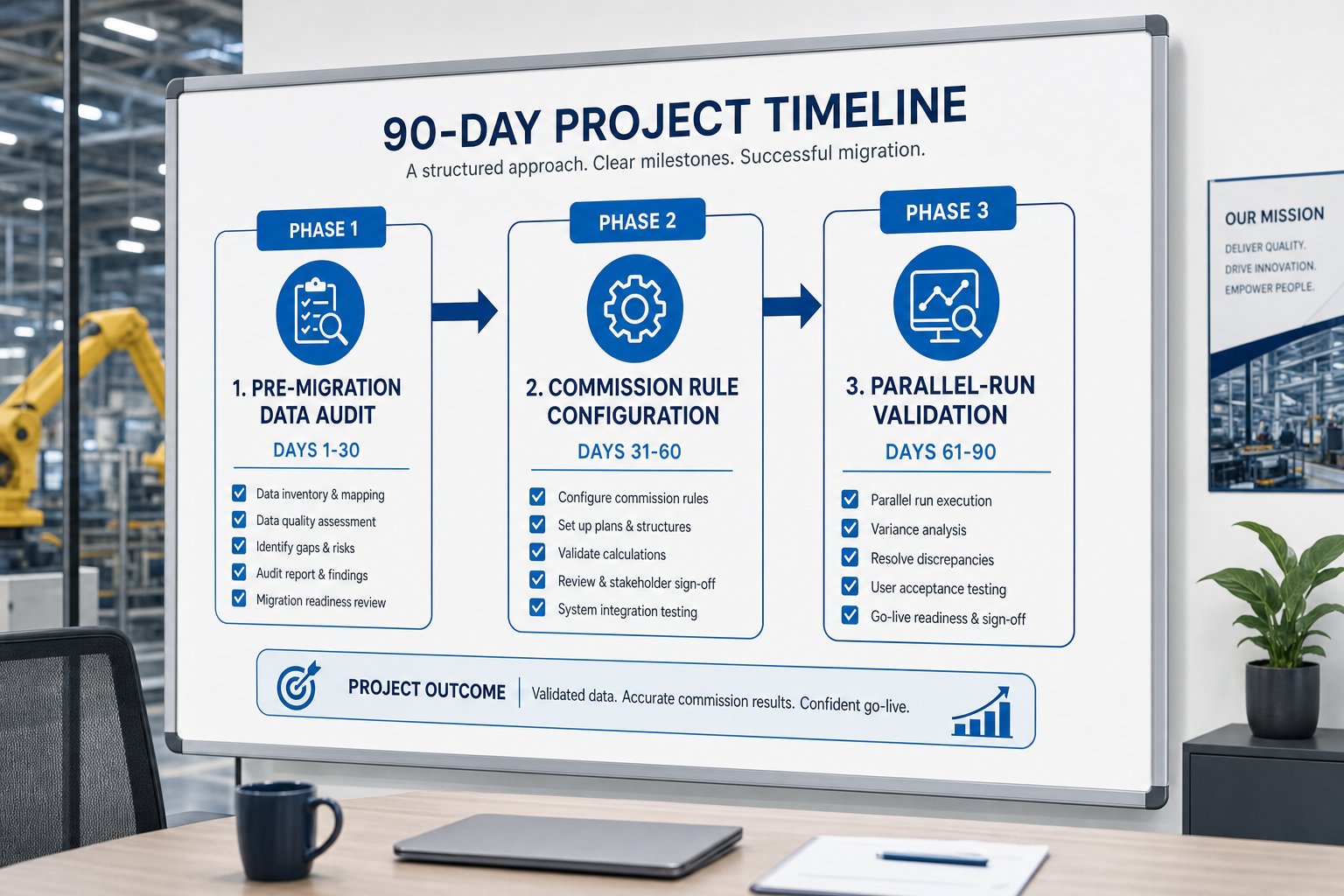 90-day incentive compensation management implementation timeline showing three phases: pre-migration data audit, commission rule configuration, and parallel-run validation