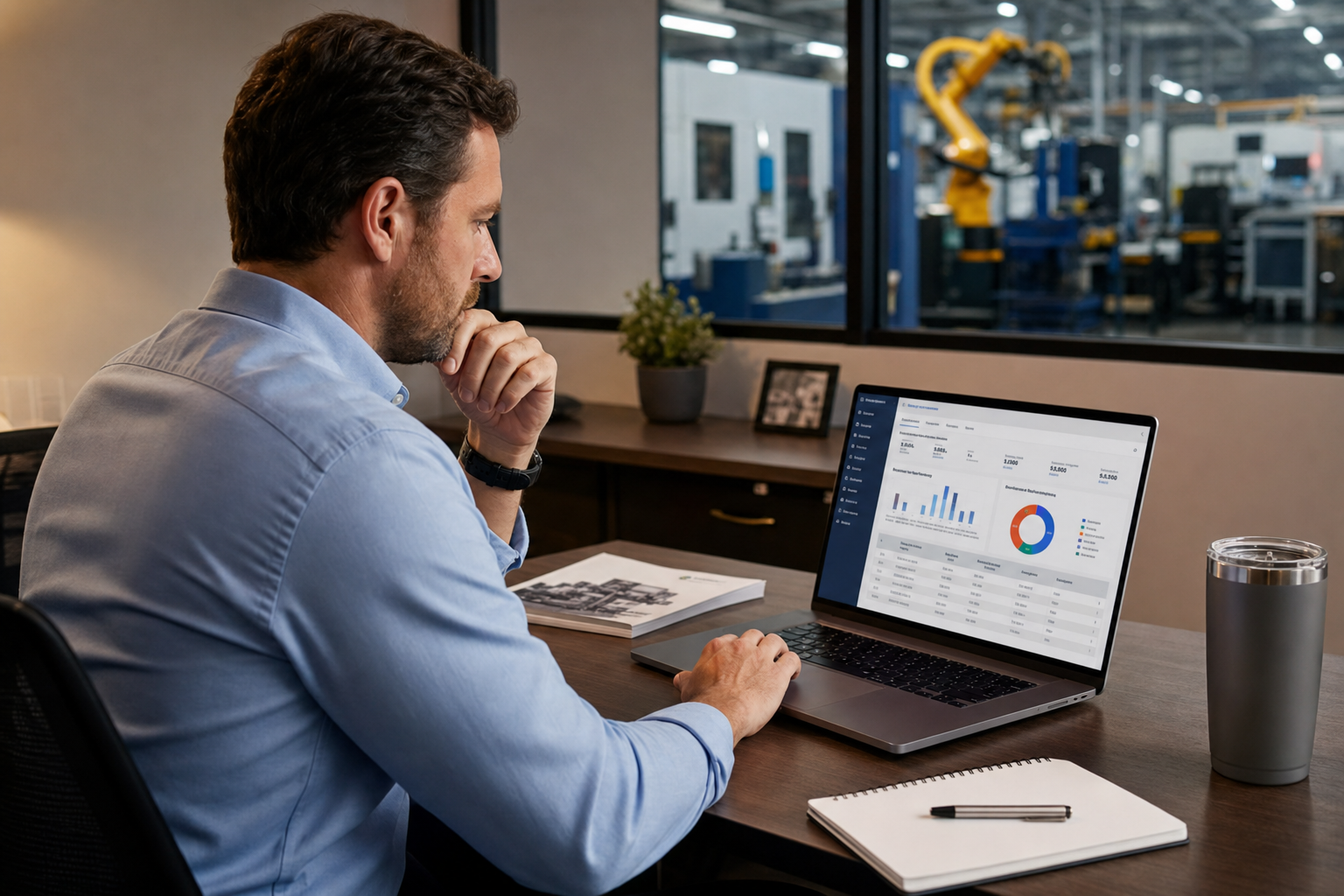 Manufacturing sales representative reviewing incentive compensation management implementation results and commission statement on laptop