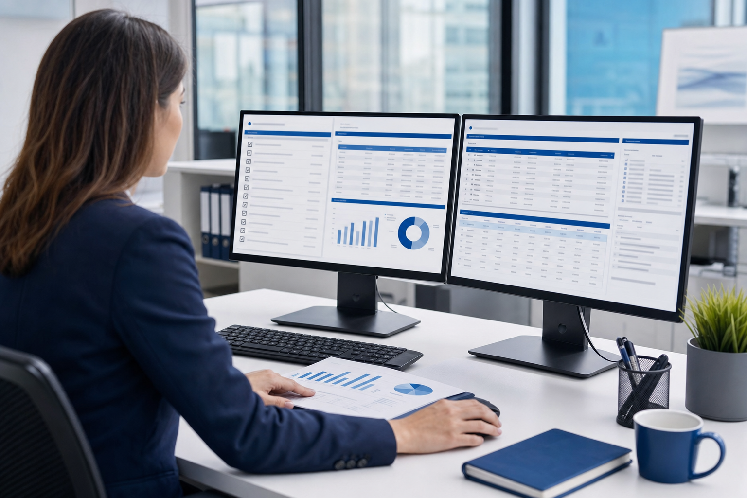 Finance professional reviewing rebate program compliance reports and tax documentation on dual monitors