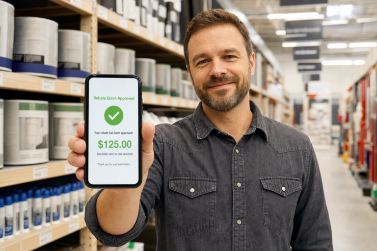 Consumer reviewing a digital rebate claim approval on smartphone — digital rebate program manufacturer experience