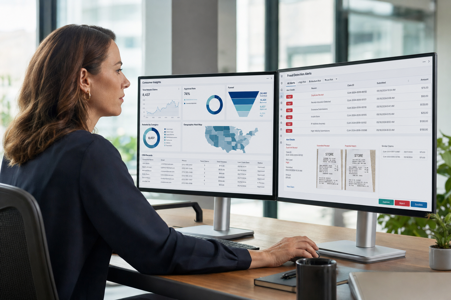Marketing professional reviewing consumer data dashboard and fraud detection alerts from a digital rebate program for manufacturers