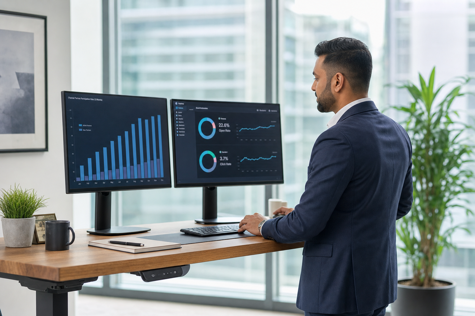Channel sales manager reviewing partner participation rate metrics and email analytics on dual monitors