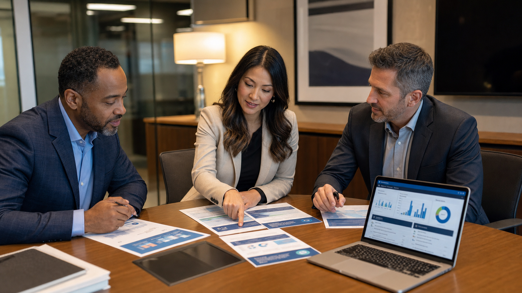 Channel partners — distributor, dealer rep, and manufacturer sales manager — reviewing rebate program materials and incentive dashboard in a corporate conference room