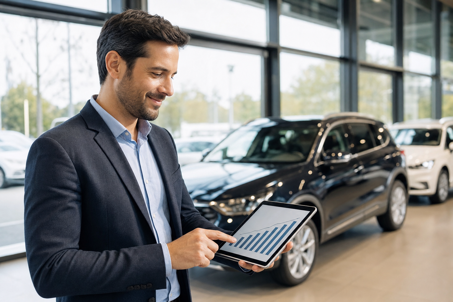 Automotive dealer reviews SPIFF program ROI metrics and sell-through results on a tablet in a modern car showroom