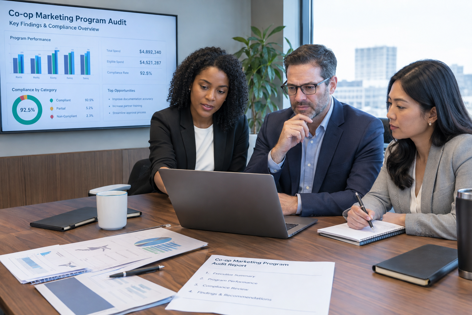 Channel marketing and finance team reviewing co-op marketing program audit results and compliance data on a laptop in a conference room