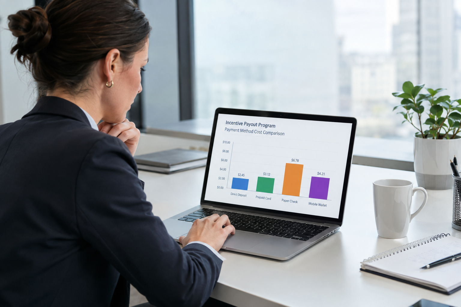 Program manager reviewing incentive payout method comparison data on a laptop showing cost analysis for prepaid cards, ACH, and checks